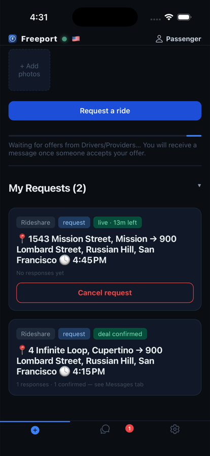 A passenger's requests and a confirmed deal