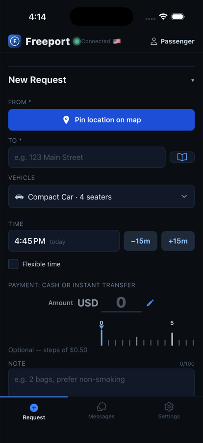 Posting a ride request in Freeport